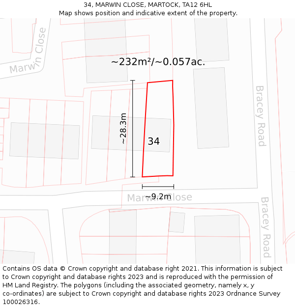 34, MARWIN CLOSE, MARTOCK, TA12 6HL: Plot and title map