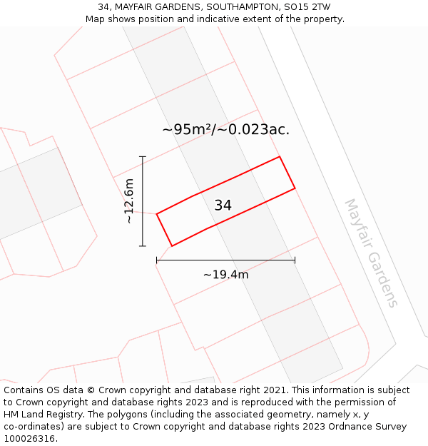 34, MAYFAIR GARDENS, SOUTHAMPTON, SO15 2TW: Plot and title map