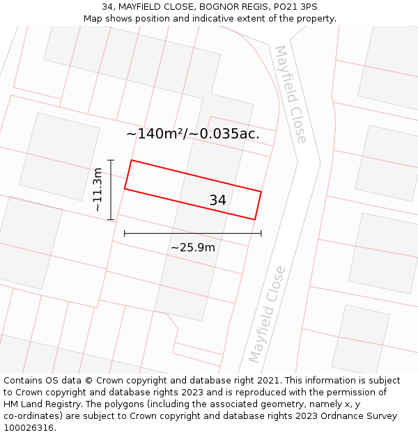 34, MAYFIELD CLOSE, BOGNOR REGIS, PO21 3PS: Plot and title map