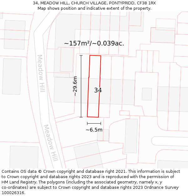 34, MEADOW HILL, CHURCH VILLAGE, PONTYPRIDD, CF38 1RX: Plot and title map