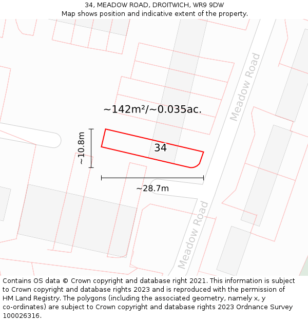 34, MEADOW ROAD, DROITWICH, WR9 9DW: Plot and title map