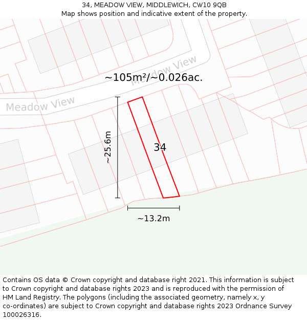 34, MEADOW VIEW, MIDDLEWICH, CW10 9QB: Plot and title map