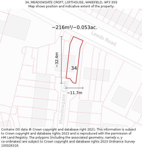 34, MEADOWGATE CROFT, LOFTHOUSE, WAKEFIELD, WF3 3SS: Plot and title map
