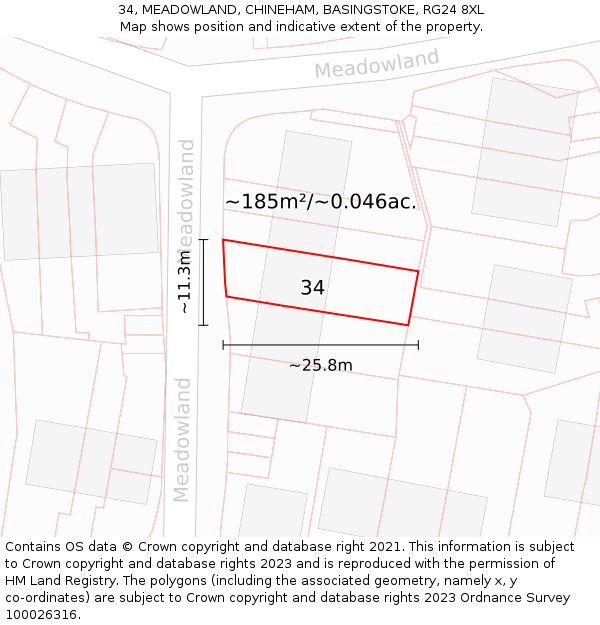 34, MEADOWLAND, CHINEHAM, BASINGSTOKE, RG24 8XL: Plot and title map