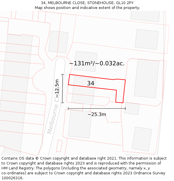34, MELBOURNE CLOSE, STONEHOUSE, GL10 2PY: Plot and title map