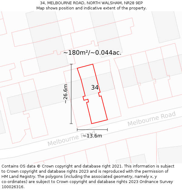 34, MELBOURNE ROAD, NORTH WALSHAM, NR28 9EP: Plot and title map