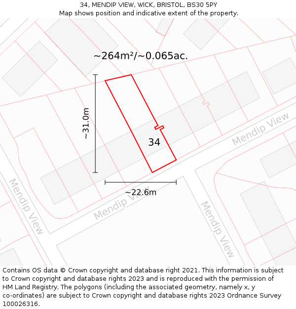 34, MENDIP VIEW, WICK, BRISTOL, BS30 5PY: Plot and title map