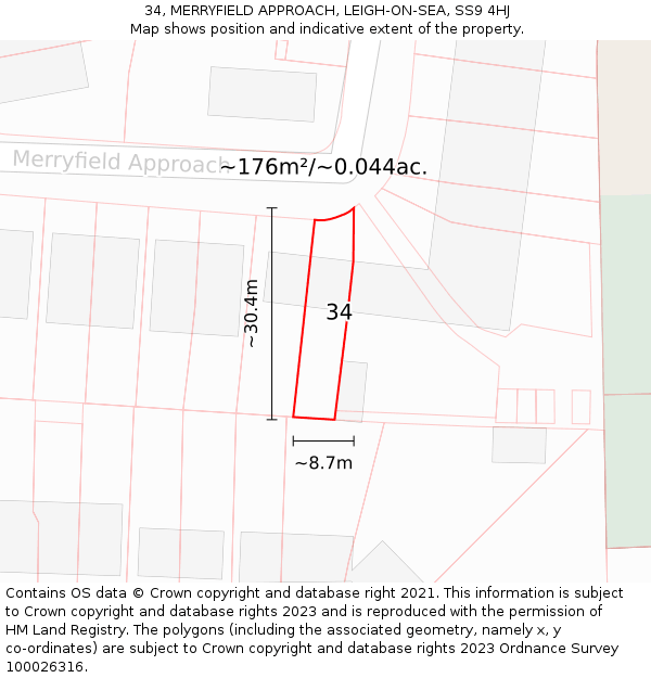 34, MERRYFIELD APPROACH, LEIGH-ON-SEA, SS9 4HJ: Plot and title map