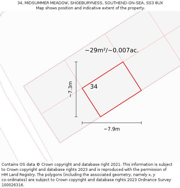 34, MIDSUMMER MEADOW, SHOEBURYNESS, SOUTHEND-ON-SEA, SS3 8UX: Plot and title map