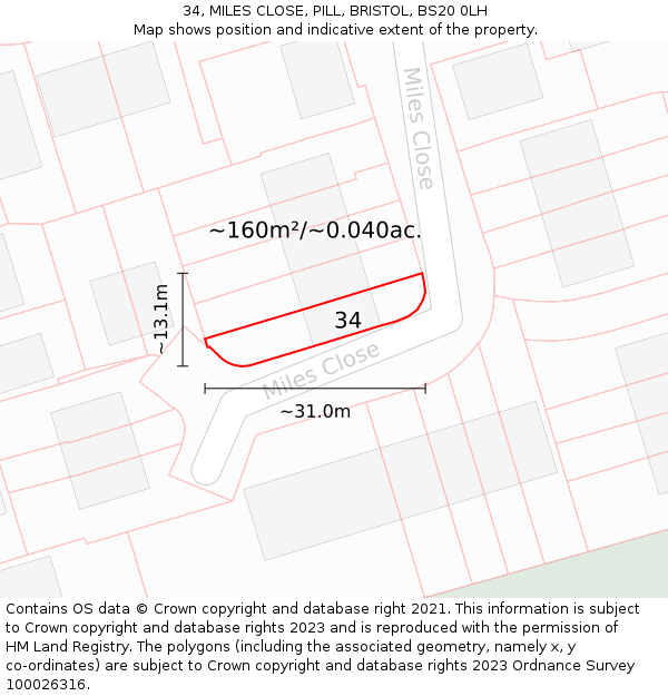 34, MILES CLOSE, PILL, BRISTOL, BS20 0LH: Plot and title map