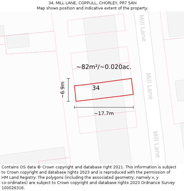34, MILL LANE, COPPULL, CHORLEY, PR7 5AN: Plot and title map