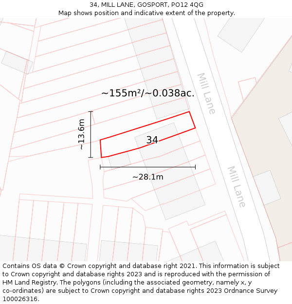 34, MILL LANE, GOSPORT, PO12 4QG: Plot and title map