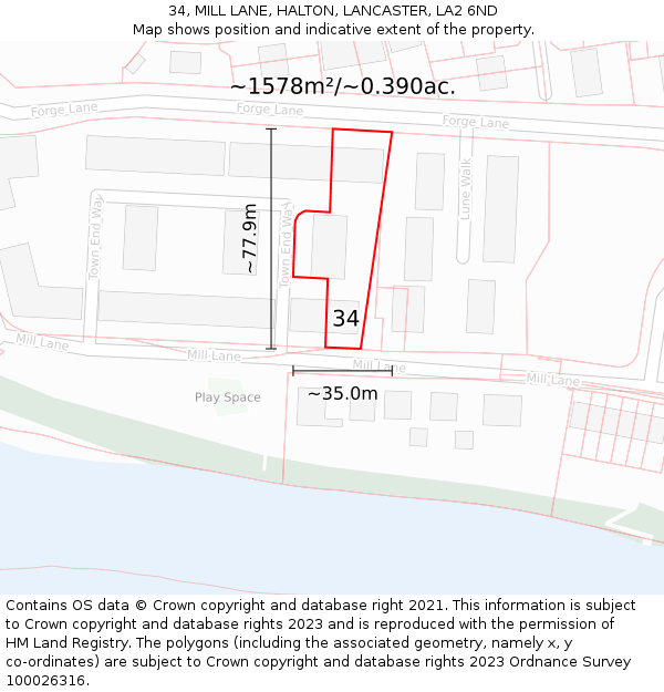 34, MILL LANE, HALTON, LANCASTER, LA2 6ND: Plot and title map