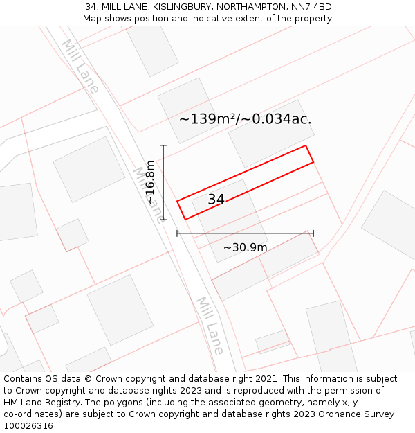 34, MILL LANE, KISLINGBURY, NORTHAMPTON, NN7 4BD: Plot and title map