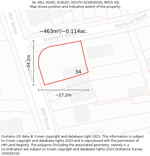34, MILL ROAD, AVELEY, SOUTH OCKENDON, RM15 4SJ: Plot and title map