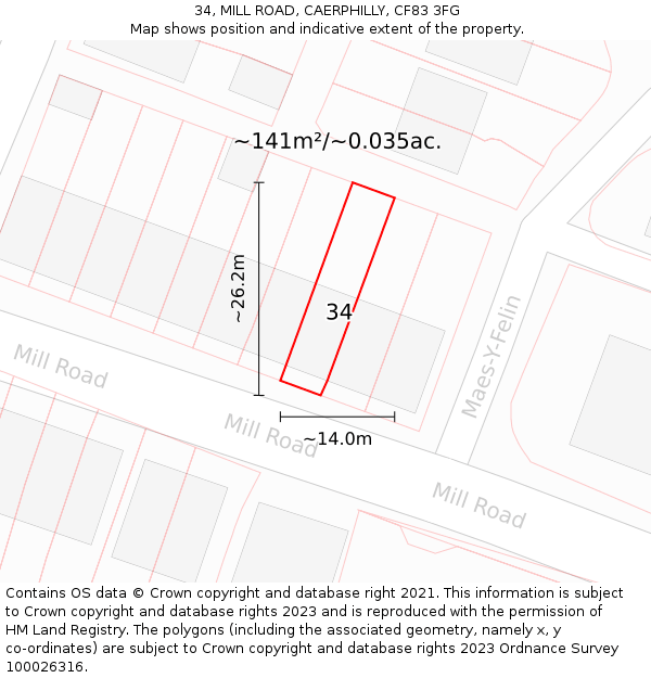 34, MILL ROAD, CAERPHILLY, CF83 3FG: Plot and title map
