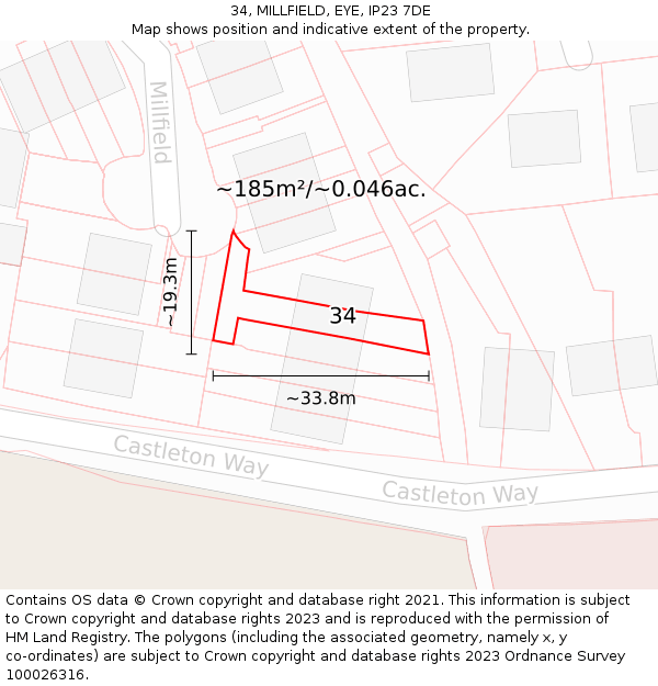 34, MILLFIELD, EYE, IP23 7DE: Plot and title map