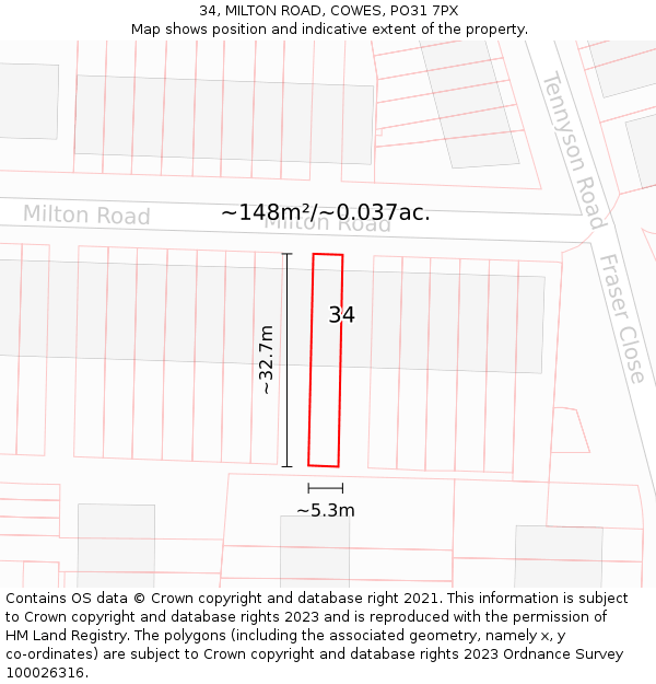 34, MILTON ROAD, COWES, PO31 7PX: Plot and title map