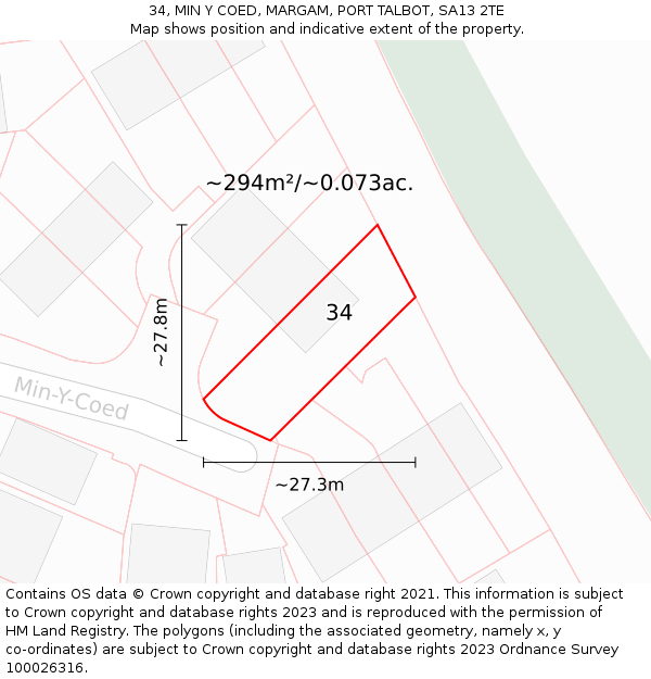34, MIN Y COED, MARGAM, PORT TALBOT, SA13 2TE: Plot and title map