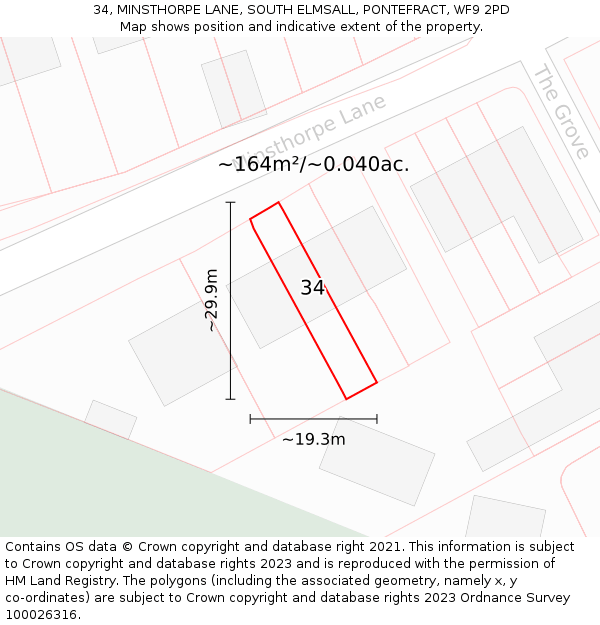 34, MINSTHORPE LANE, SOUTH ELMSALL, PONTEFRACT, WF9 2PD: Plot and title map