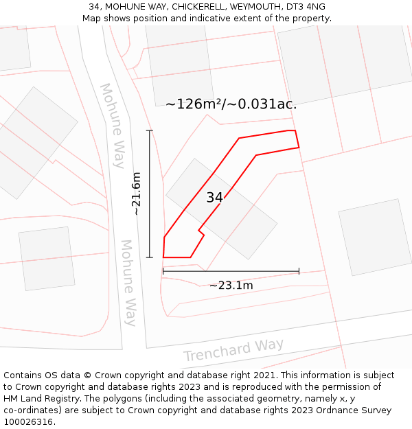 34, MOHUNE WAY, CHICKERELL, WEYMOUTH, DT3 4NG: Plot and title map