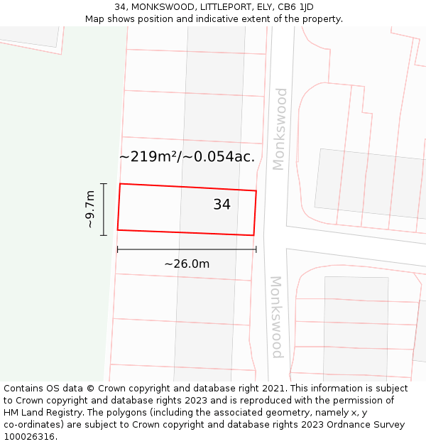 34, MONKSWOOD, LITTLEPORT, ELY, CB6 1JD: Plot and title map
