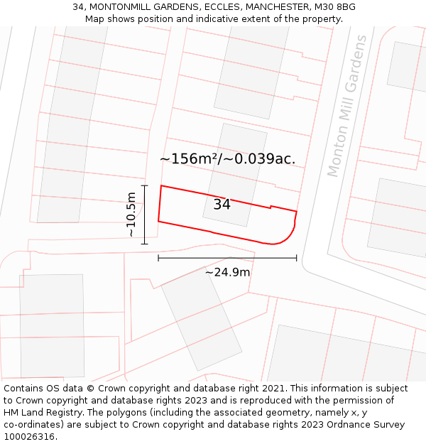 34, MONTONMILL GARDENS, ECCLES, MANCHESTER, M30 8BG: Plot and title map