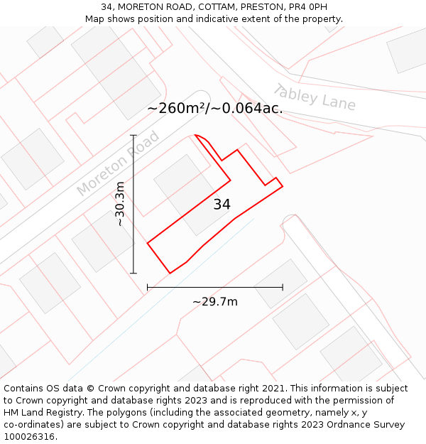 34, MORETON ROAD, COTTAM, PRESTON, PR4 0PH: Plot and title map