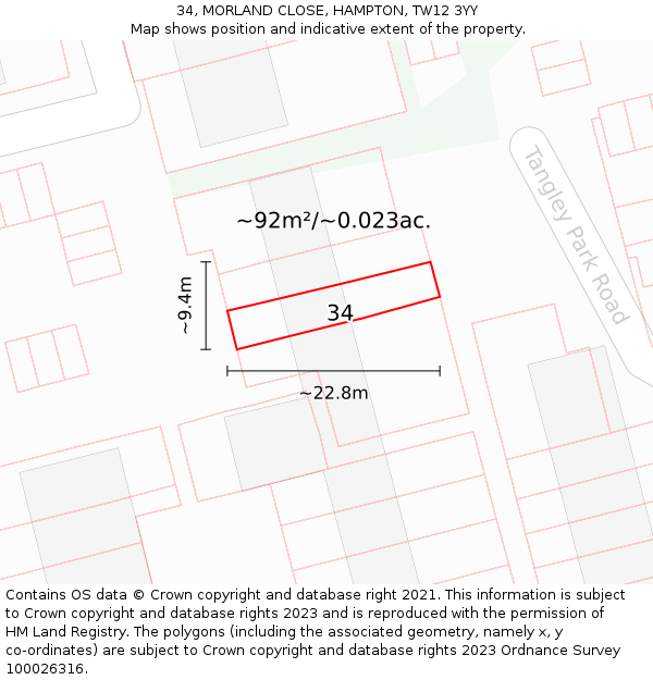 34, MORLAND CLOSE, HAMPTON, TW12 3YY: Plot and title map