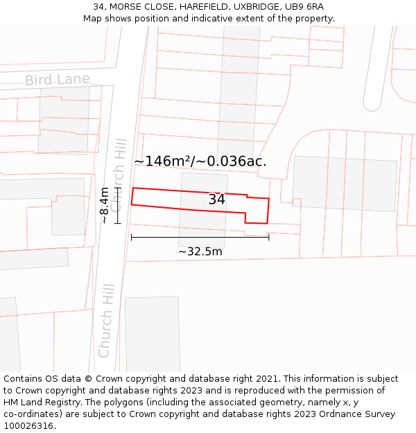 34, MORSE CLOSE, HAREFIELD, UXBRIDGE, UB9 6RA: Plot and title map