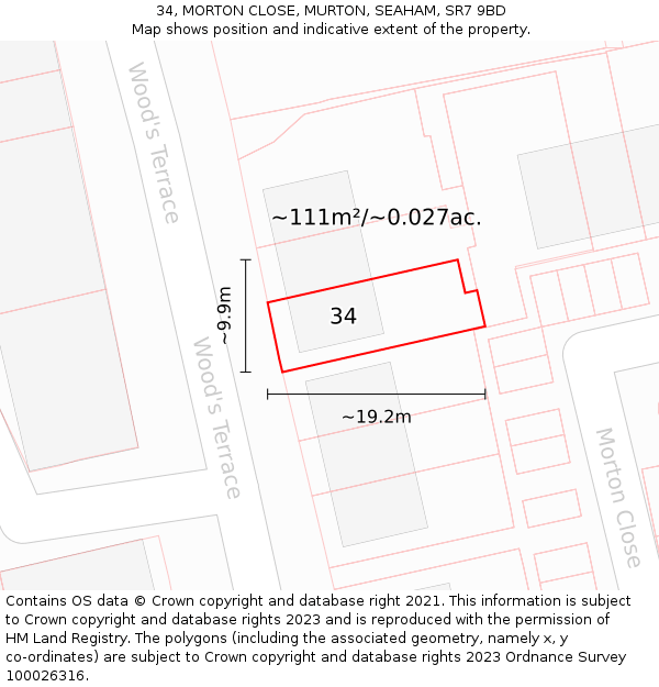 34, MORTON CLOSE, MURTON, SEAHAM, SR7 9BD: Plot and title map