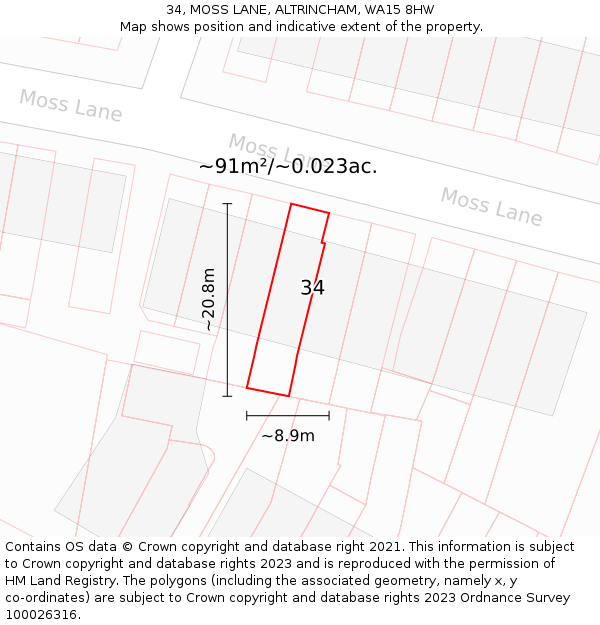 34, MOSS LANE, ALTRINCHAM, WA15 8HW: Plot and title map