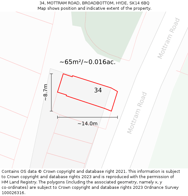 34, MOTTRAM ROAD, BROADBOTTOM, HYDE, SK14 6BQ: Plot and title map