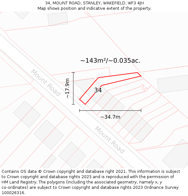 34, MOUNT ROAD, STANLEY, WAKEFIELD, WF3 4JH: Plot and title map