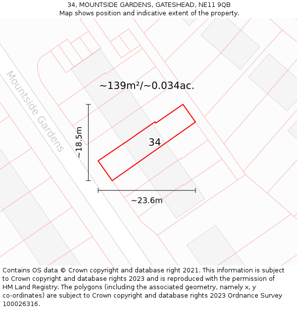 34, MOUNTSIDE GARDENS, GATESHEAD, NE11 9QB: Plot and title map