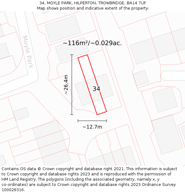 34, MOYLE PARK, HILPERTON, TROWBRIDGE, BA14 7UF: Plot and title map