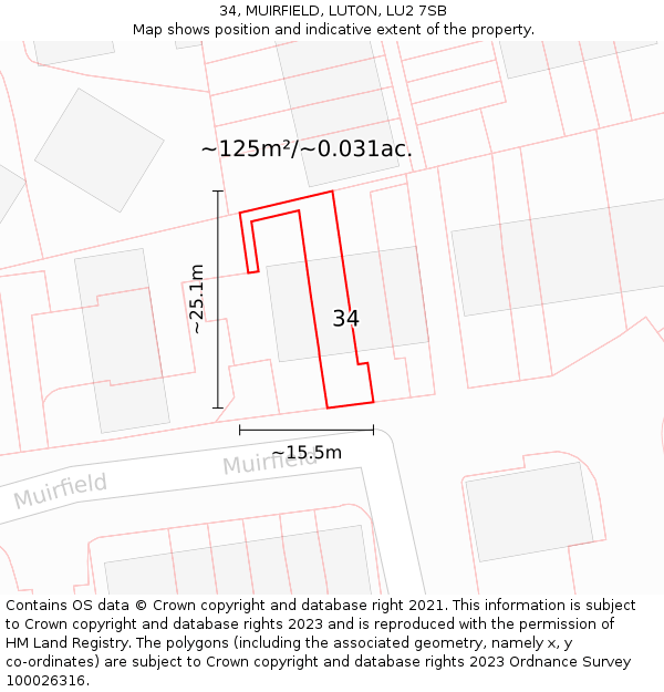 34, MUIRFIELD, LUTON, LU2 7SB: Plot and title map