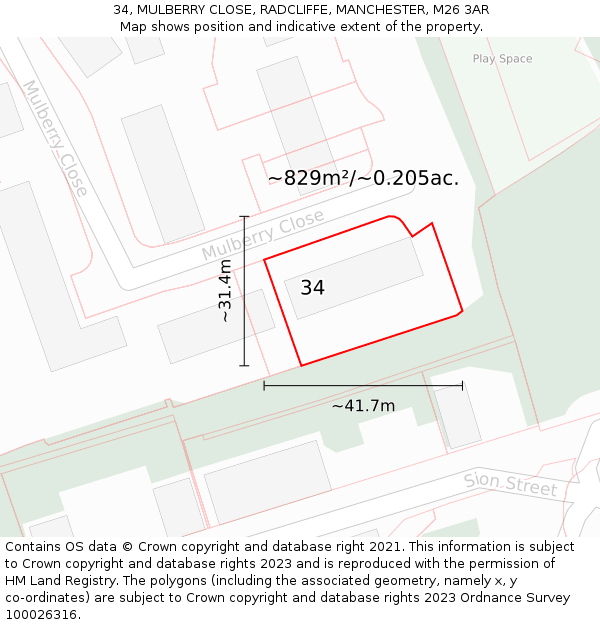 34, MULBERRY CLOSE, RADCLIFFE, MANCHESTER, M26 3AR: Plot and title map