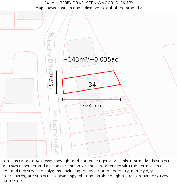 34, MULBERRY DRIVE, SPENNYMOOR, DL16 7BY: Plot and title map