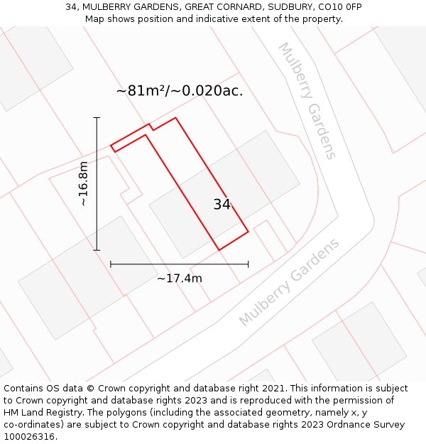 34, MULBERRY GARDENS, GREAT CORNARD, SUDBURY, CO10 0FP: Plot and title map