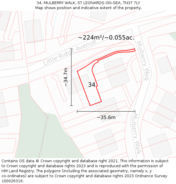 34, MULBERRY WALK, ST LEONARDS-ON-SEA, TN37 7LY: Plot and title map