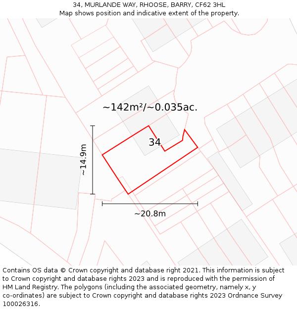 34, MURLANDE WAY, RHOOSE, BARRY, CF62 3HL: Plot and title map