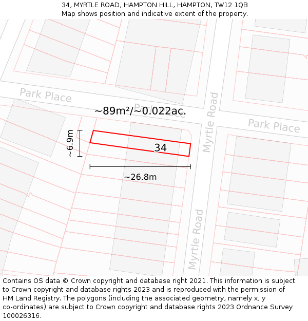 34, MYRTLE ROAD, HAMPTON HILL, HAMPTON, TW12 1QB: Plot and title map
