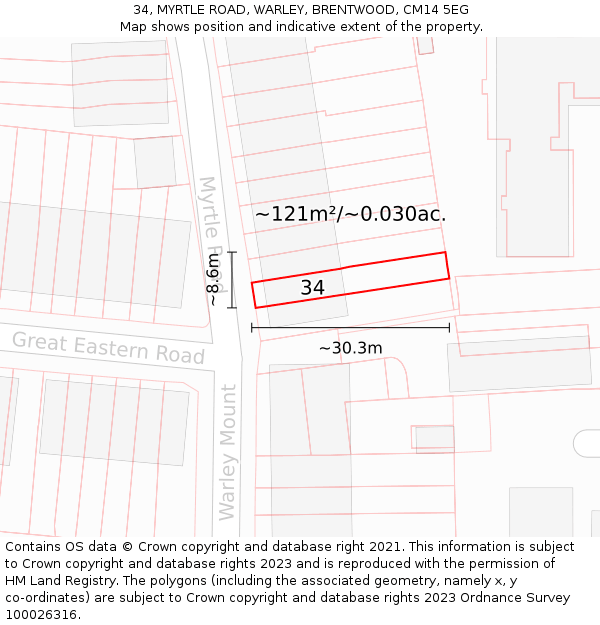 34, MYRTLE ROAD, WARLEY, BRENTWOOD, CM14 5EG: Plot and title map