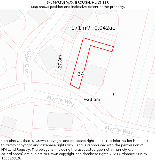 34, MYRTLE WAY, BROUGH, HU15 1SR: Plot and title map