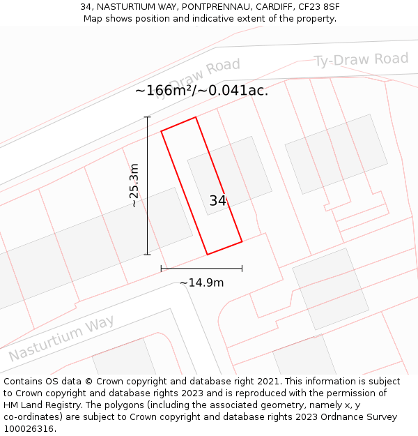 34, NASTURTIUM WAY, PONTPRENNAU, CARDIFF, CF23 8SF: Plot and title map