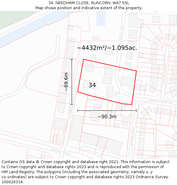 34, NEEDHAM CLOSE, RUNCORN, WA7 5SL: Plot and title map