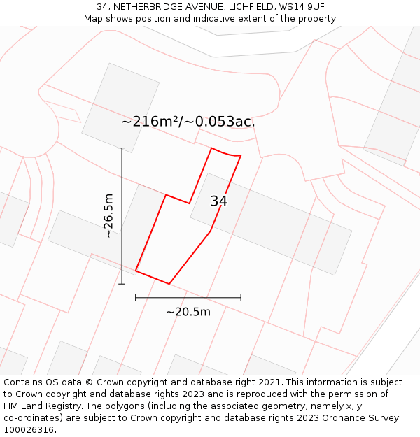 34, NETHERBRIDGE AVENUE, LICHFIELD, WS14 9UF: Plot and title map