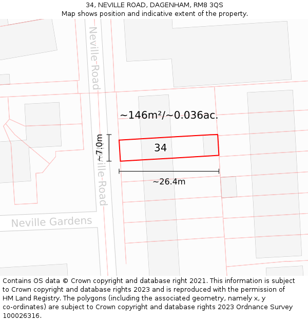 34, NEVILLE ROAD, DAGENHAM, RM8 3QS: Plot and title map