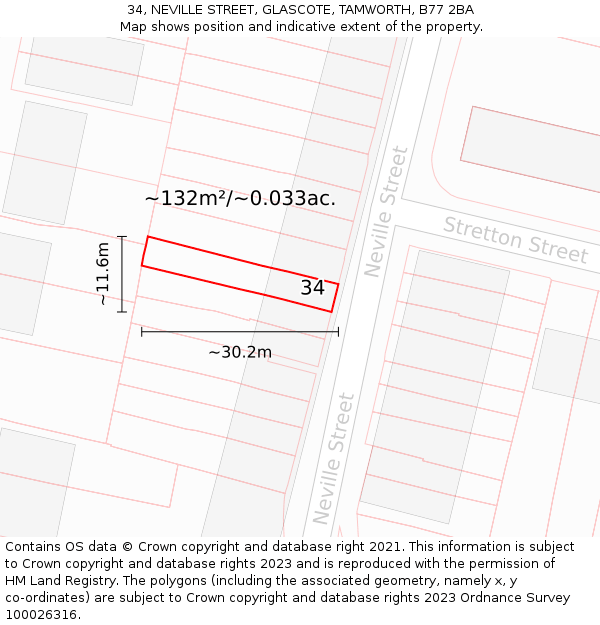34, NEVILLE STREET, GLASCOTE, TAMWORTH, B77 2BA: Plot and title map